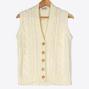VTG 80s Button Front Sleeveless Cable Knit Sweater‎ Womens L Ivy League Preppy